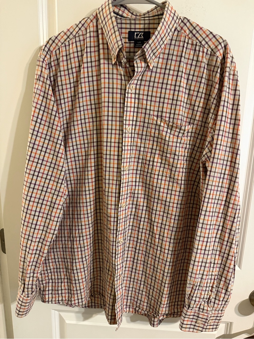 Cutter & Buck Men's Plaid Button-Down Shirt - White, Brown, Orange